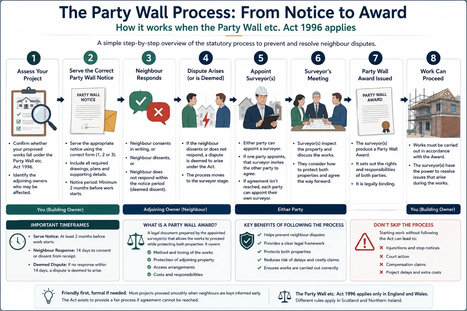 Do I Need a Party Wall Agreement? An infographic showing the party wall process from notice to award in a very interactive way for the citizens living in Liverpool, UK