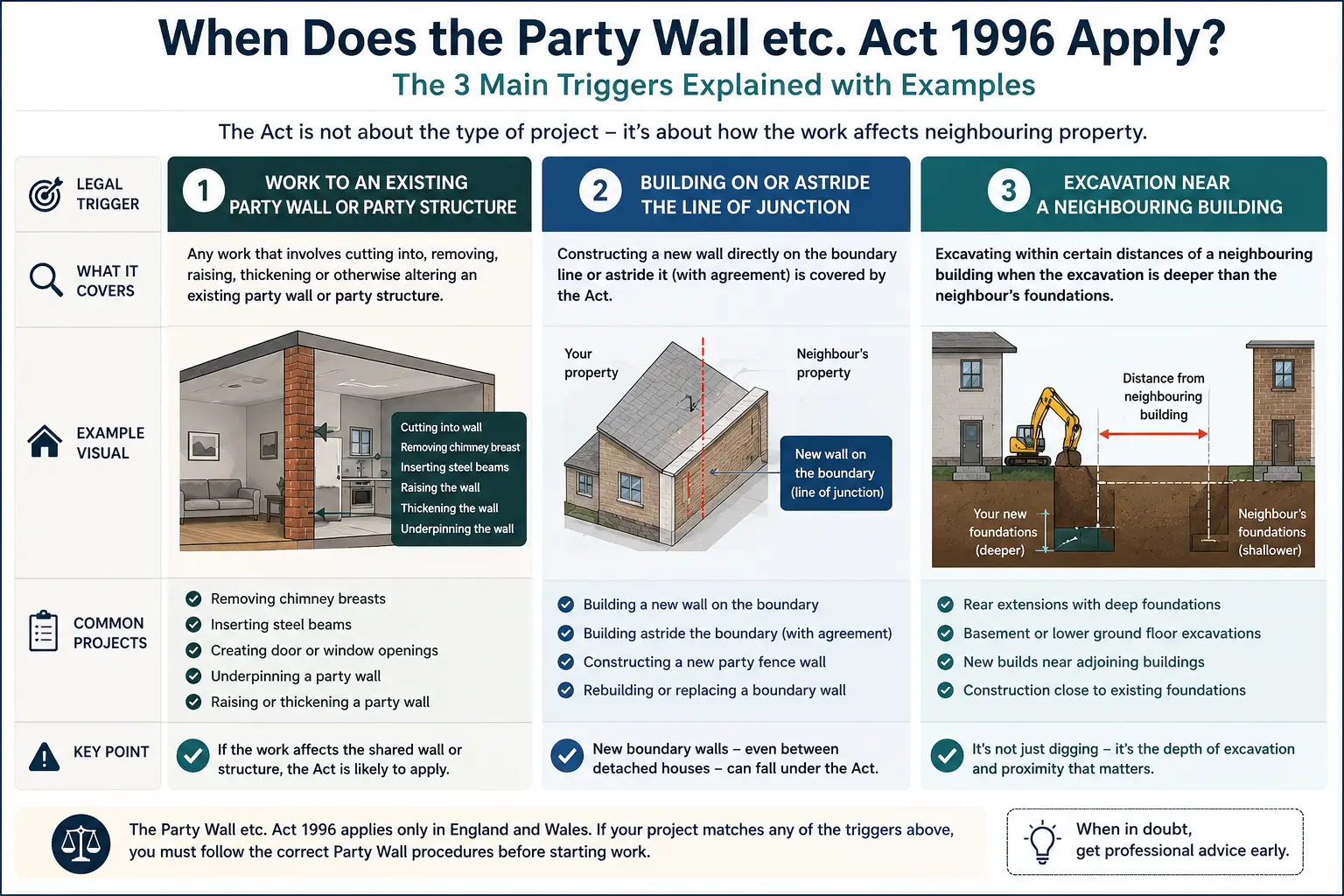 Do I Need a Party Wall Agreement? An infographic showing when does the party wall etc act 1996 apply like excavation, junction, painting, in Liverpool, UK